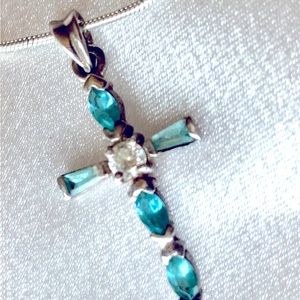 Vintage Sterling silver blue topaz Cross Pendant Necklace